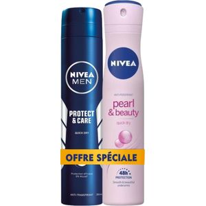 NIVEA Déodorant Femme - Pearl & Beauty - Spray 200ml + Déodorant Homme, Protect & Care, Spray 200ml