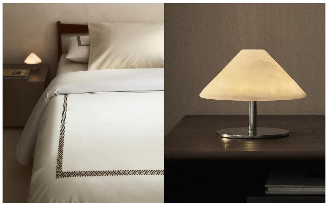 LINGE DE LIT SATIN BRODÉ GÉOMÉTRIQUE ET LAMPE TABLE ALBÂTRE