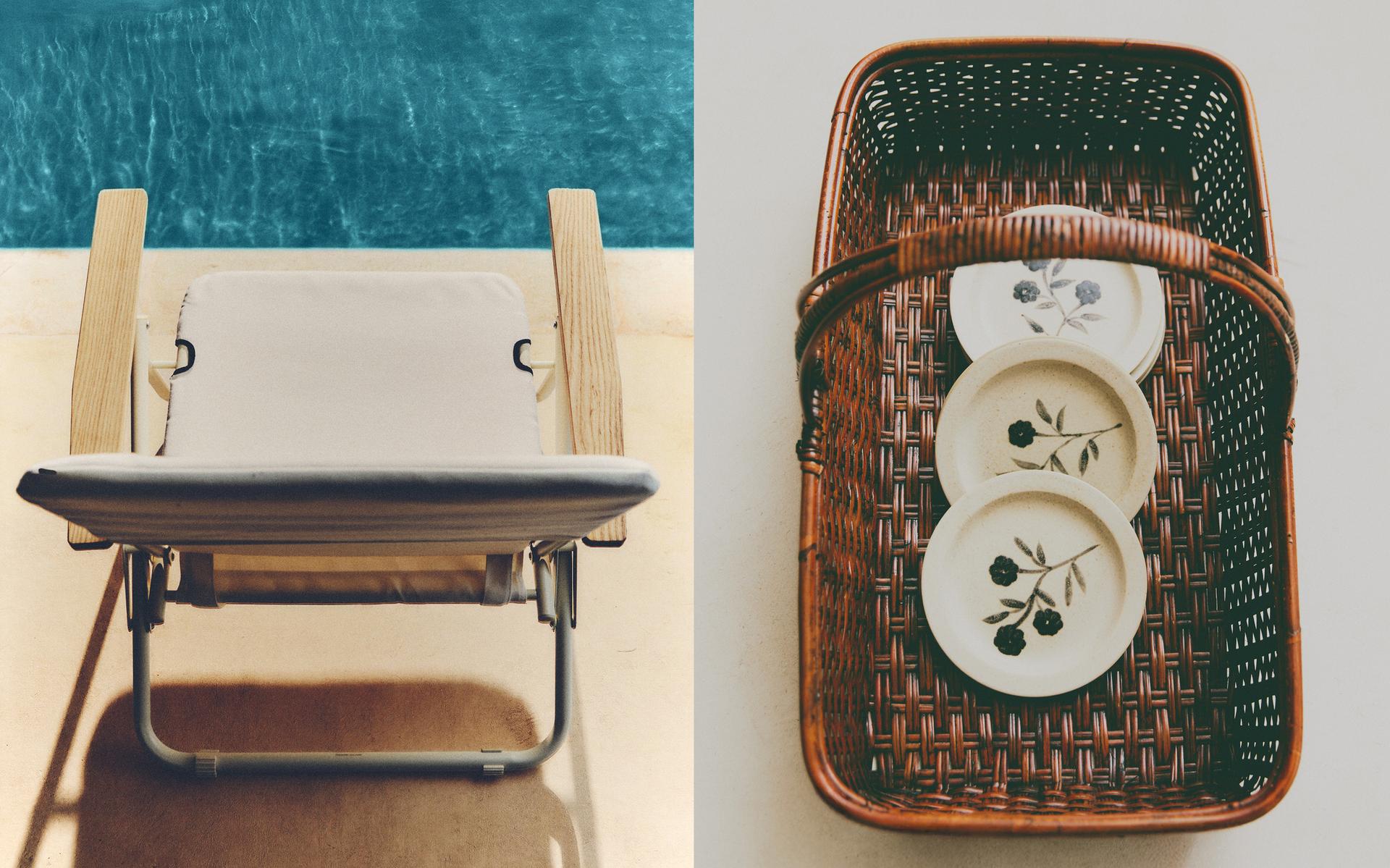 CHAISE DE PLAGE, PANIER ET ASSIETTES