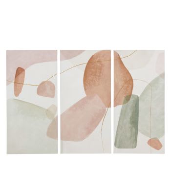ORGANIC - Toiles triptyques imprimées et peintes roses, vertes et beiges 131x90