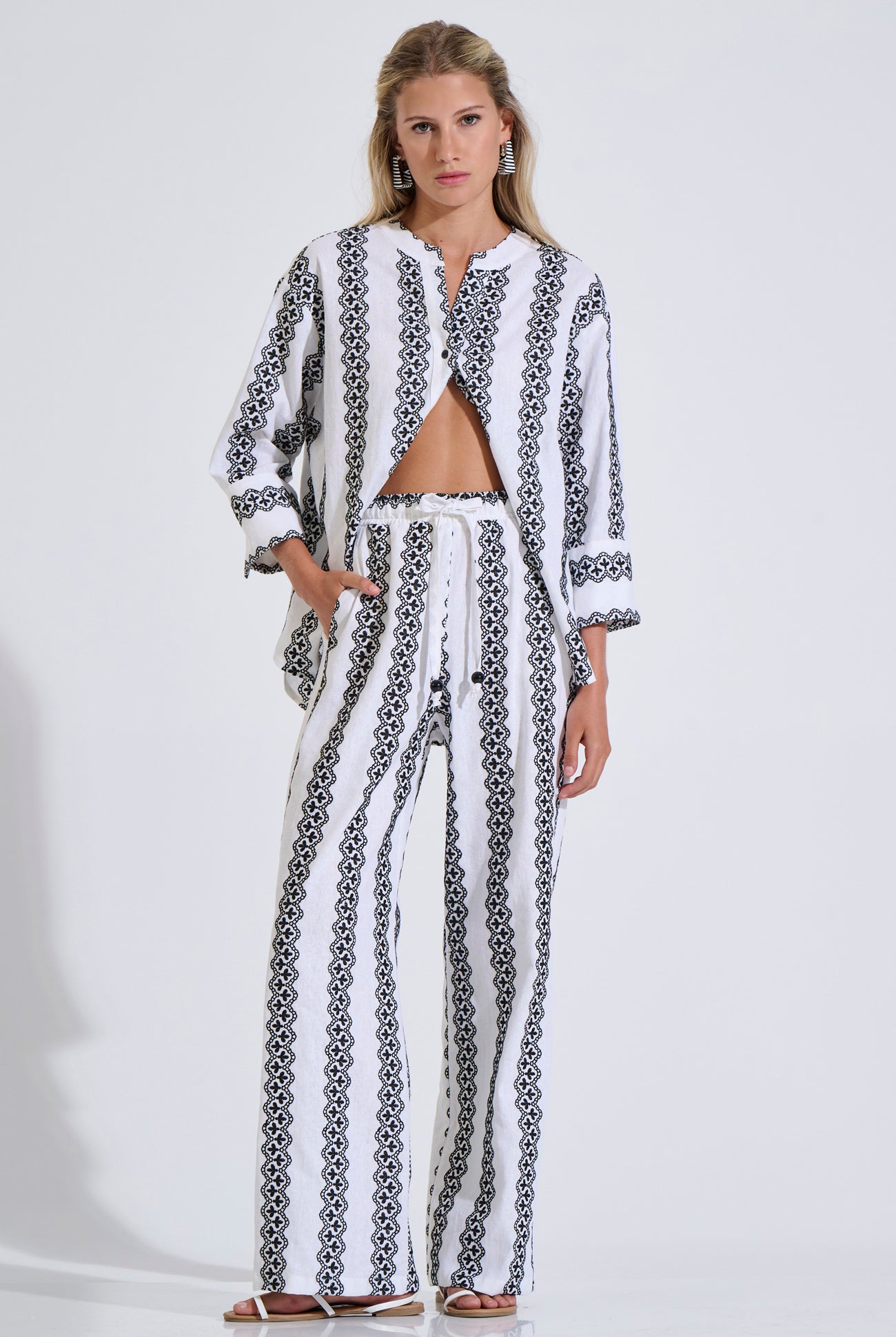 Linen Blend Embroidered Wide-Leg Trousers
