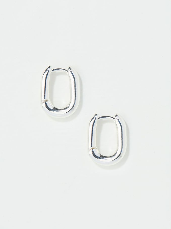 Silver Tone Oval Huggie Hoop Earrings