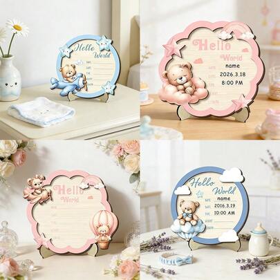 -17%1/4pcs 3D Hello World Wooden Sign, Newborn Announcement Board, Gender Reveal Party Supplies, Birthday Party Decor, Photo Prop, Creative Small Gift