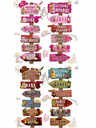-9%24pcs Western Party Direction Signs, Yard Cowboy Rodeo Theme Hollow Wild West Welcome Sign Decor, Western Birthday Photo Prop Background Wall Party Decoration