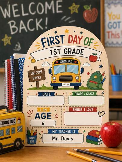 -8%DIY Wooden First Day Of School Milestone Sign, School Bus And Academic Print Design, Wooden Commemorative Board, Suitable For All Grades, Perfect For Back To School, School Gifts, Photo Props, Classroom Attendance Records And Parent Keepsakes