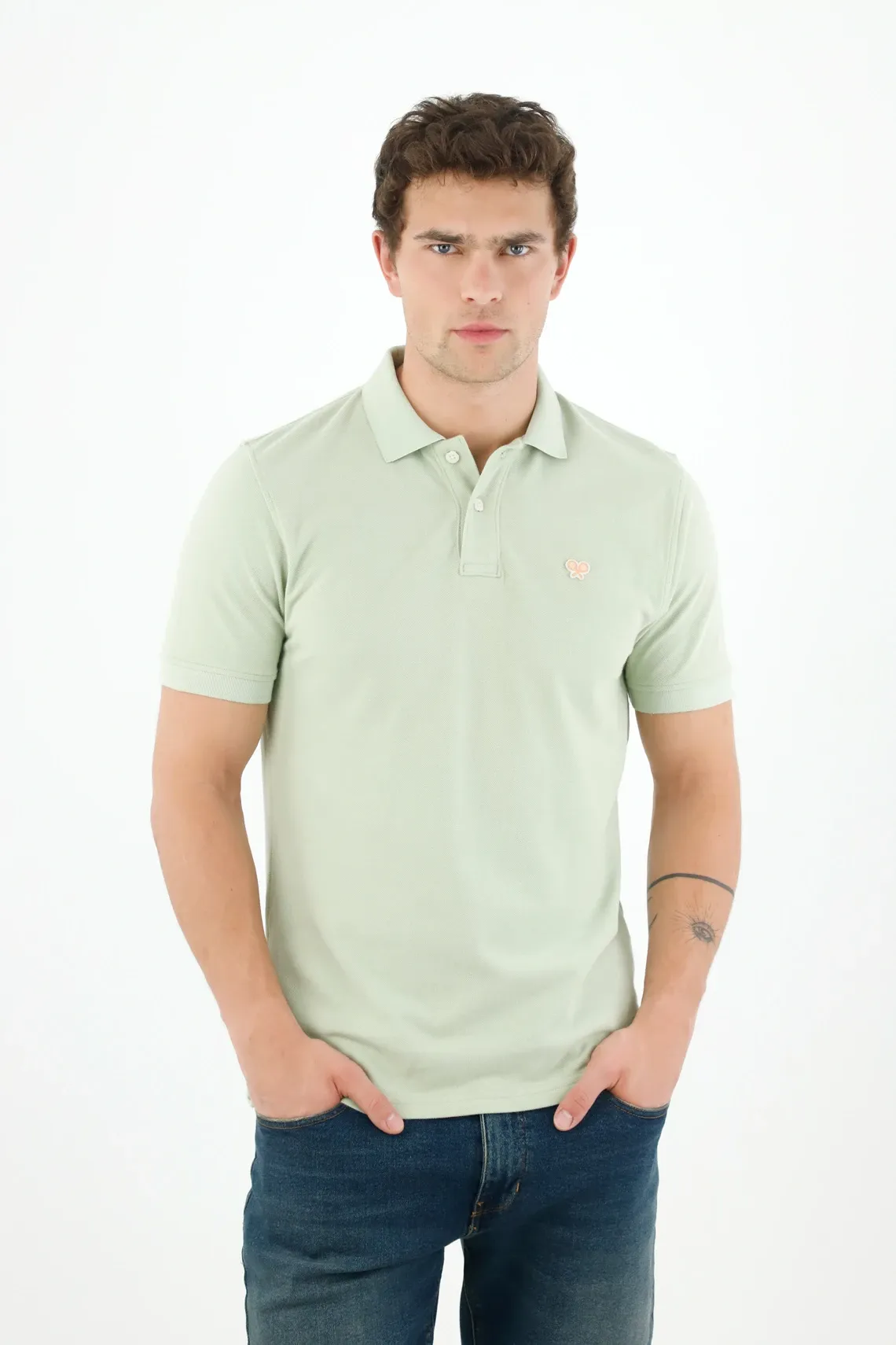 Polo fit clásico con mini bordado de algodón color menta para hombre