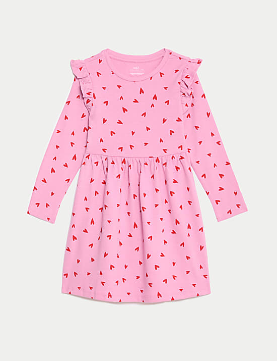 Vestido 100 % algodón con manga con volantes y corazones (2-8 años)