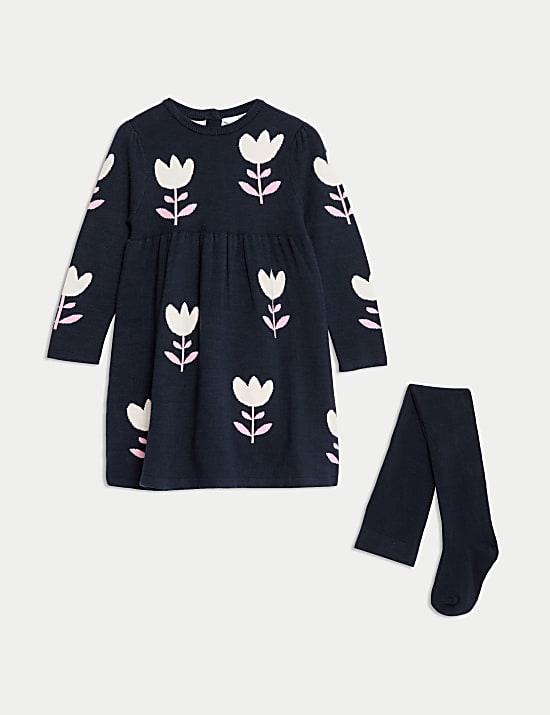 Vestido floral de punto y medias (2-8 años)