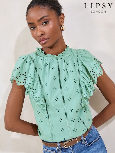 Verde - Camiseta con volante y bordado 100 % algodón de Lipsy