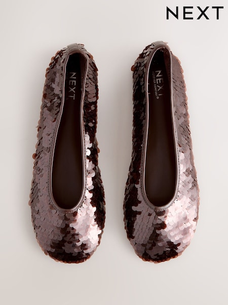 Marrón chocolate con lentejuelas - Zapatos planos estilo bailarina de lentejuelas de punta redonda Forever Comfort®