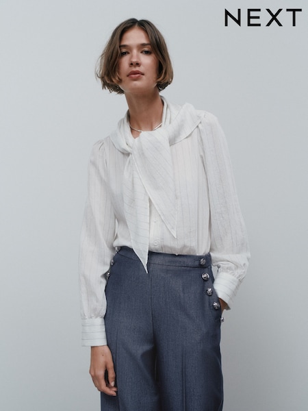Crudo con rayas finas - Long Sleeve Blouse with Neck Scarf Detail