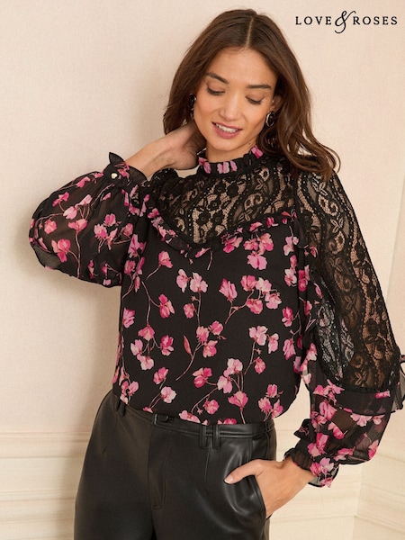 Love & Roses Crew Neck Lace Yoke Long Sleeve Blouse