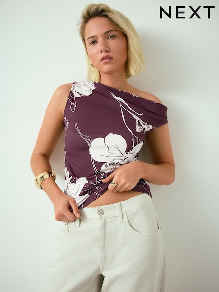 Ciruela con estampado floral - Blusa sin mangas con diseño asimétrico