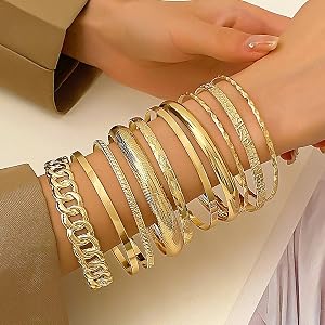 Pack of 10 Gold Wristbands for Women - Trend - Open Hinged Wrist Brace - Wide and Thick - Minimalist - Metal - One Size - No Gemstone