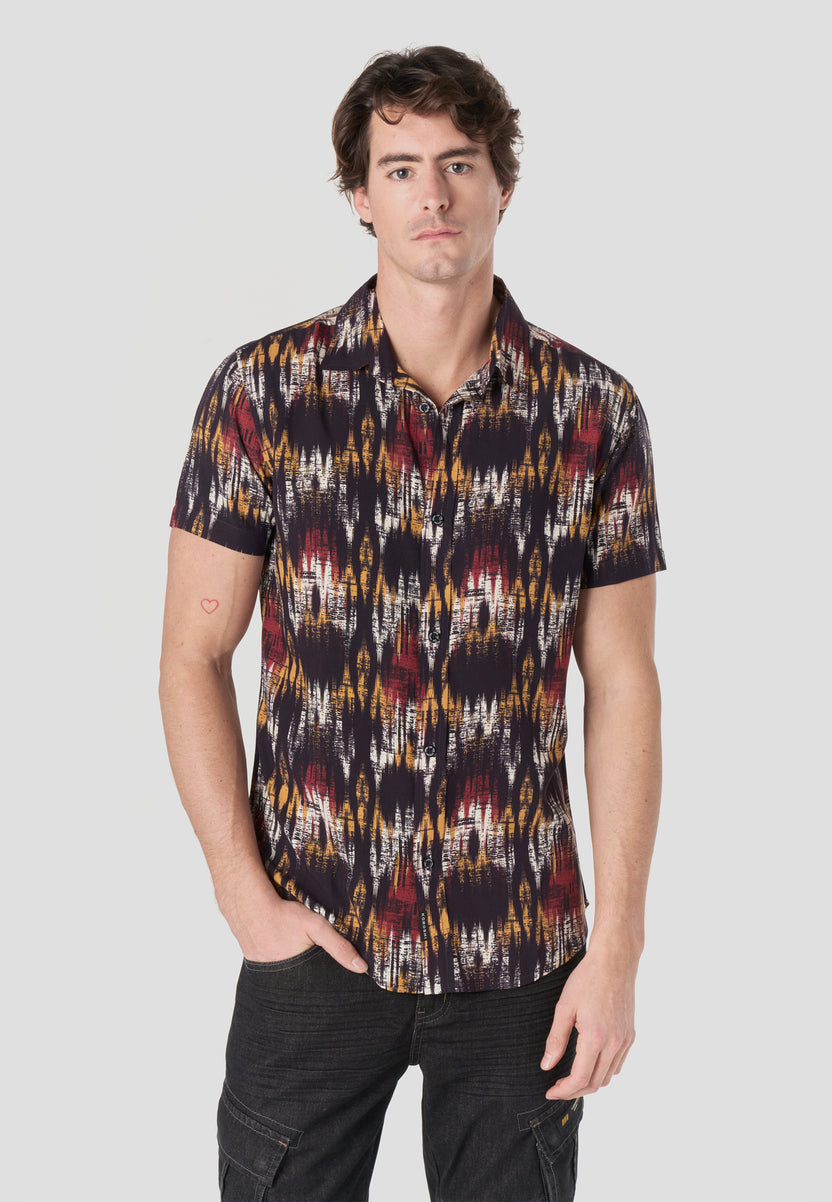 Men's Short Sleeve Printed Viscose Shirt Black - Koroshi