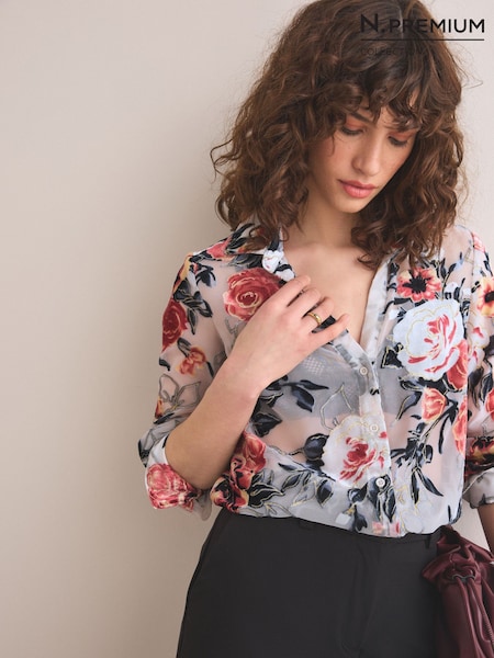 Crudo floral - Camisa con diseño de terciopelo transparente flocado de N. Premium