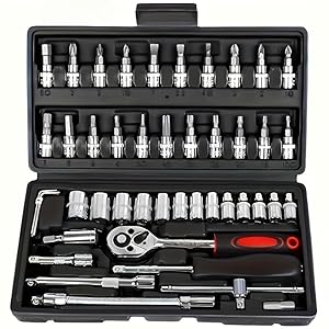 46 Piece Tool Set, Ratchet Wrench, Metric Screwdriver Bits, Suitable for Automotive, Motorcycle, Bike
