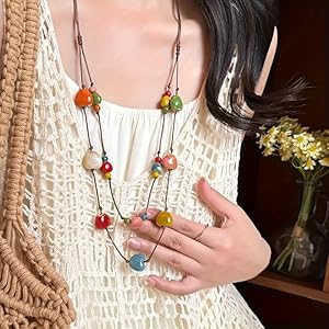 Boho Ceramic Bead Necklace for Women Handmade Multicolor Long Jewelry Natural Texture Pendant Adjustable Length for Birthday Valentines Mother's Day
