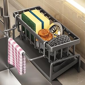 Sponge Organizer Holder for Kitchen Sink - Stainless Steel Soap Organizer with Auto Drain Tray, Countertop Storage Rack for Sink or Bathroom