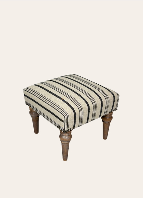 TABOURET EN TISSU RAYÉ ET PIEDS EN BOIS SCULPTÉ