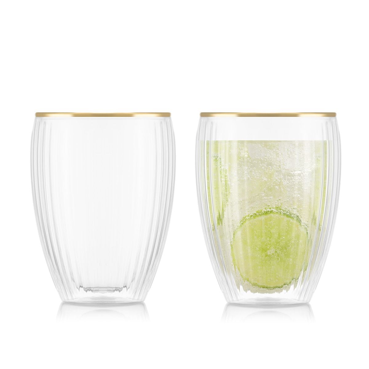 Set 2 verres double paroi, striés, 0.35 l, bordure dorée
