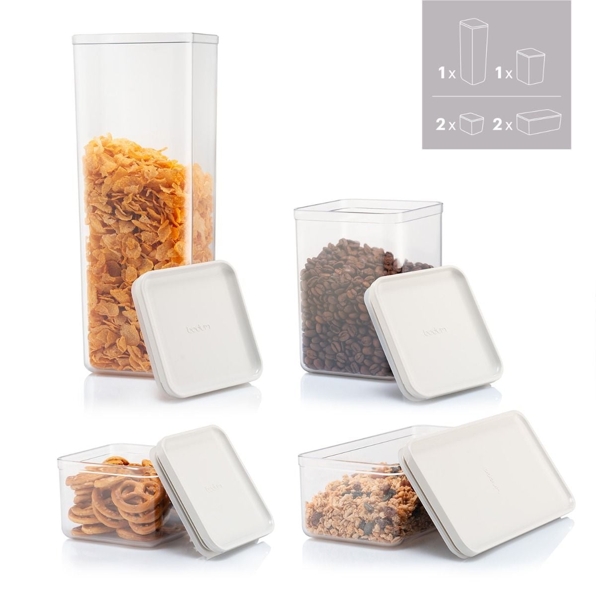 Set de 6 bocaux de conservation, 2 x 1L / 1 x 1.2L / 2 x 0.5L / 1 x 2.6L
