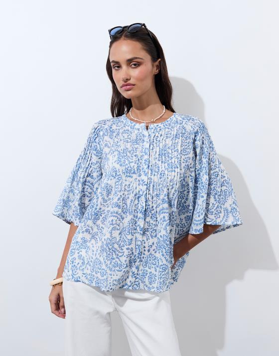 Blouse manches 3/4 imprimée bleu femme