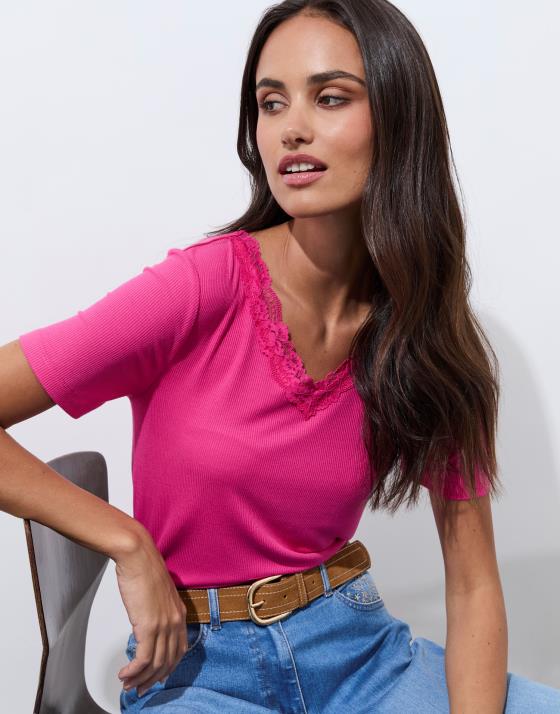 T-Shirt manches courtes uni fuchsia femme