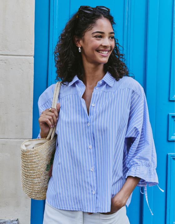 Chemisier manches longues rayé bleu femme