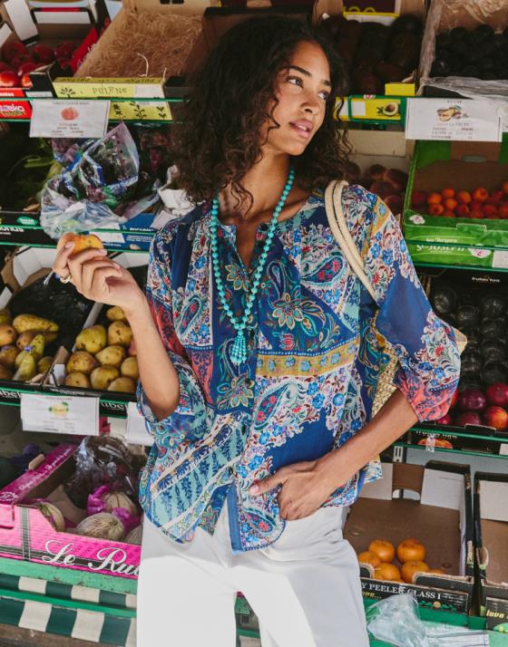 Blouse manches longues imprimée bleu femme