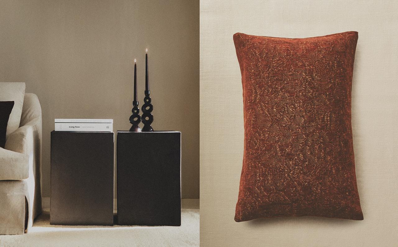 CUSHION, SIDE TABLES AND CANDLEHOLDERS