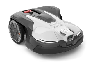 Robotic lawn mower with a visible control panel and large wheel, shown in a studio setting.