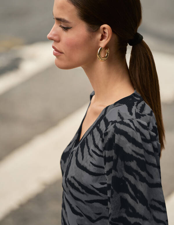 Tijgerprint Rib Jersey Top Donkergrijs