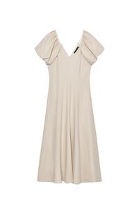 MIDI DRESS WITH LINEN BLEND PUFF SLEEVES