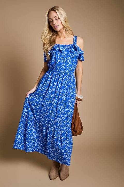 Blue Floral Frill Neckline Button Front Tiered Midaxi Dress
