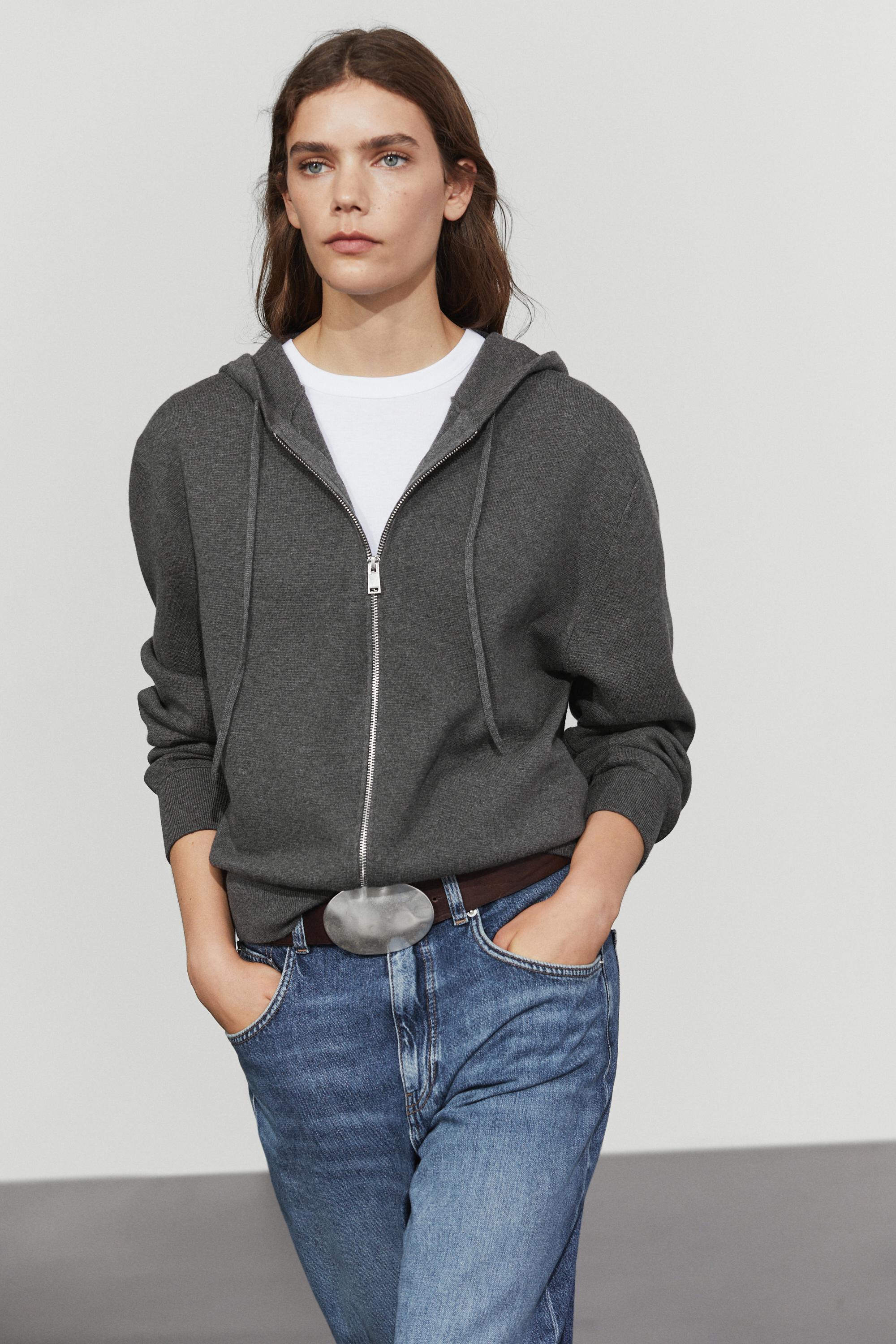 Cotton blend knit hooded cardigan